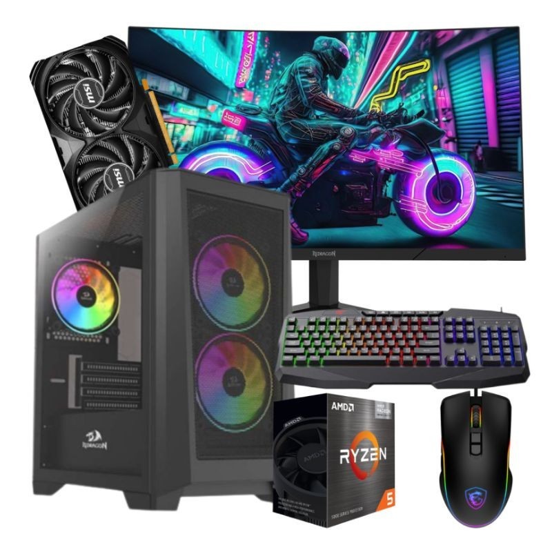Pc De Bureau Gamer Ryzen 5 5500 16Go 512Go SSD RTX 4060 8Go + Écran Incurvé Redragon 24" Full HD 180 Hz